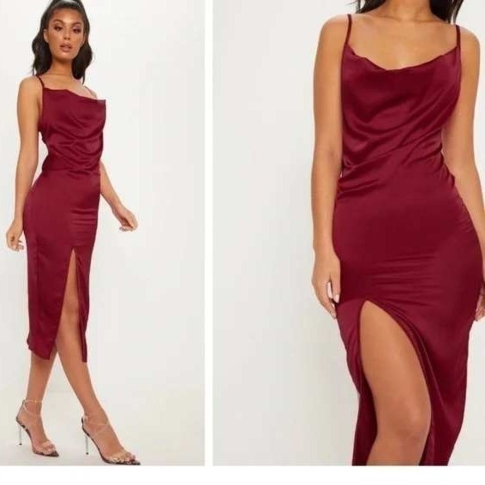 PRETTYLITTLETHING Burgundy Satin Cowl Neck Strappy Midi Dress Sz 0 High Slit NWT